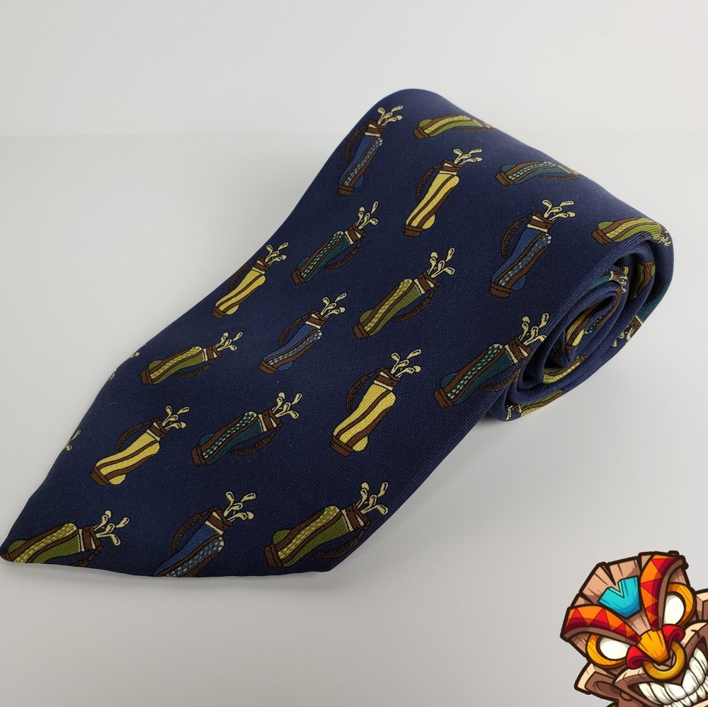 Harrods Knightsbridge 100% Silk Necktie Navy With Overall "Golf Bag" Pattern EUC - Picture 1 of 5